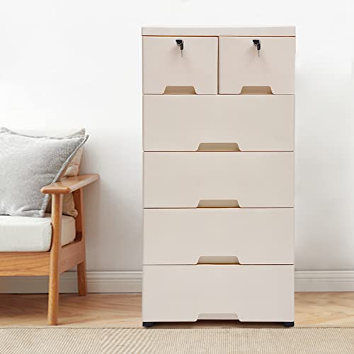 CNCEST Plastic Storage Cabinet with Lock Locker with 6 Drawers Storage Clothes Toys Books Plastic Storage Dresser Closet Drawers Beige