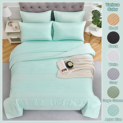 Herlura Queen Comforter Set Bed in a Bag 7 Pieces, Aqua Blue Comforter for Queen Size Bed with Comforters, Queen Sheets, Pillowcases & Shams, All Season Comforters Queen Size Pleated Bedding Sets