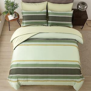 mmcll king size comforter set, 7 piece green striped bed in a bag, lightweight comforter sets with sheets and pillows, soft microfiber complete bedding set for all season(104"x90")