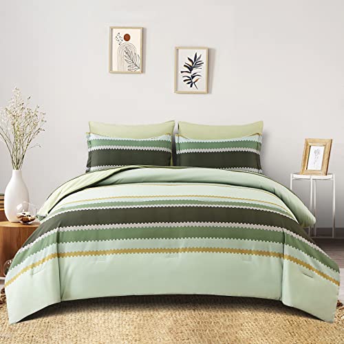 MMCLL King Size Comforter Set, 7 Piece Green Striped Bed in a Bag, Lightweight Comforter Sets with Sheets and Pillows, Soft Microfiber Complete Bedding Set for All Season(104"X90")