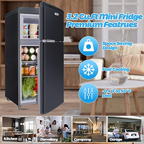 WANAI 3.2 Cu.Ft Mini Fridge Compact Refrigerator with Freezer,7 Level Adjustable Thermostat Removable Shelves Small Refrigerator for Office Dorm Apartment Black