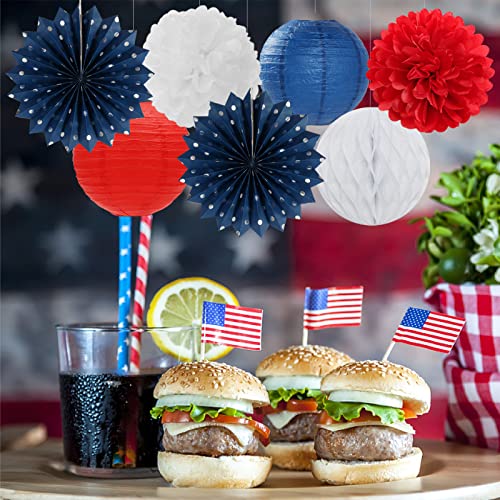 Fourth-4th of July-Imemorial Party-Decorations Lanterns - 14pcs Red White Blue Graduation Paper Streamers Fan,Tissue Pom Poms Streamer,Honeycomb Balls,USA Patriotic America Independence Decor Ouruola
