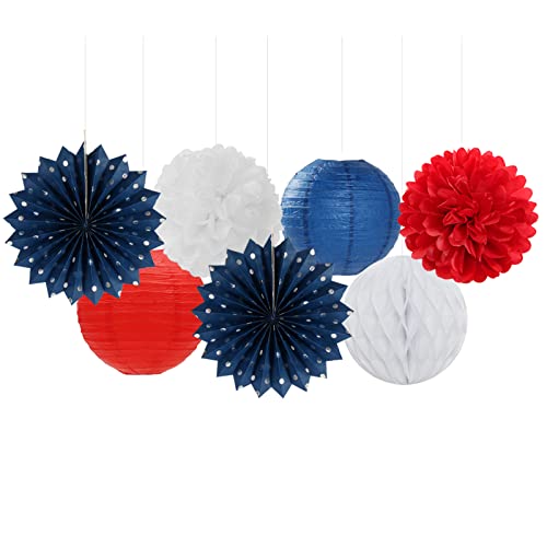 Fourth-4th of July-Imemorial Party-Decorations Lanterns - 14pcs Red White Blue Graduation Paper Streamers Fan,Tissue Pom Poms Streamer,Honeycomb Balls,USA Patriotic America Independence Decor Ouruola