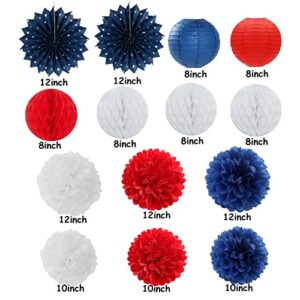 Fourth-4th of July-Imemorial Party-Decorations Lanterns - 14pcs Red White Blue Graduation Paper Streamers Fan,Tissue Pom Poms Streamer,Honeycomb Balls,USA Patriotic America Independence Decor Ouruola