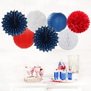 Fourth-4th of July-Imemorial Party-Decorations Lanterns - 14pcs Red White Blue Graduation Paper Streamers Fan,Tissue Pom Poms Streamer,Honeycomb Balls,USA Patriotic America Independence Decor Ouruola