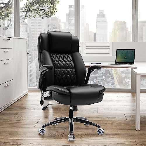 Large High Back Office Chair - Adjustable Lumbar Support Flip Up Arms Heavy Duty Quiet Wheels Metal Base Breathable Bonded Leather Ergonomic Executive Computer Desk Chair with Storage Bags, Black