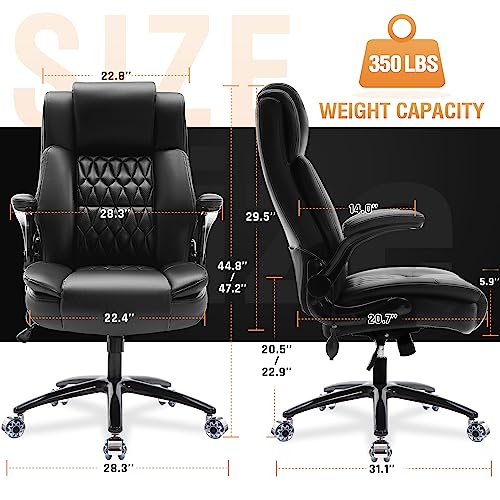 Large High Back Office Chair - Adjustable Lumbar Support Flip Up Arms Heavy Duty Quiet Wheels Metal Base Breathable Bonded Leather Ergonomic Executive Computer Desk Chair with Storage Bags, Black