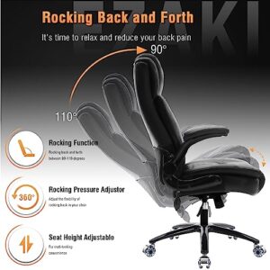 Large High Back Office Chair - Adjustable Lumbar Support Flip Up Arms Heavy Duty Quiet Wheels Metal Base Breathable Bonded Leather Ergonomic Executive Computer Desk Chair with Storage Bags, Black