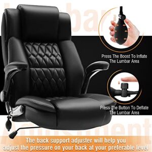 Large High Back Office Chair - Adjustable Lumbar Support Flip Up Arms Heavy Duty Quiet Wheels Metal Base Breathable Bonded Leather Ergonomic Executive Computer Desk Chair with Storage Bags, Black