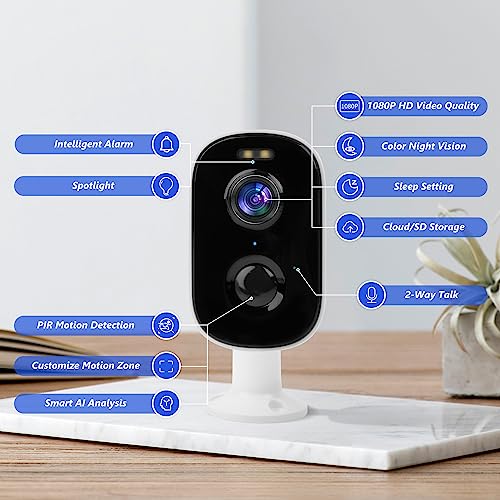 Cameras for Home Security, 1080P Security Cameras Wireless Outdoor with Motion Detection, Spotlight/Siren Alarm, Color Night Vision, 2-Way Talk, Waterproof SD/Cloud Storage Battery Powered WiFi Camera