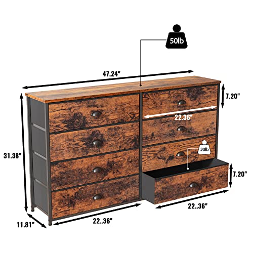 Furnulem 8 Drawer Dresser Wide 47'' Long, Storage Chest of Drawer for 55'' TV Stand in Closet and Nightstand with 3 Drawers, Small Dresser with Storage Shelf, Bedside Table/Closet Organizer