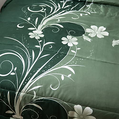 MUGINYU Botanical Comforter Set Queen Size,Dark Green with White Floral 7 Piece Bed in A Bag All Season Reversible Patchwork Bedding Set