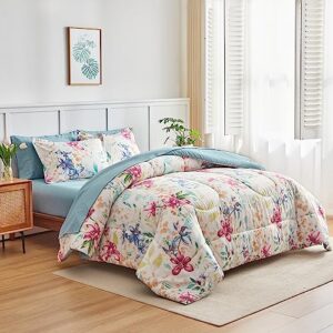 joyreap 7 piece bed in a bag, floral bedding set queen size comforter set for all season- colorful flowers botanical print- 1 comforter, 2 pillow shams, 1 flat sheet, 1 fitted sheet, 2 pillowcases