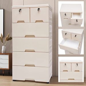 Hteedy 6 Drawer Dresser PP Cabinet Movable Storage Tall Closet Lockable Bedroom Cupboard Tower Closet Drawers Tall Dresser Organizer for Clothes Beige Color