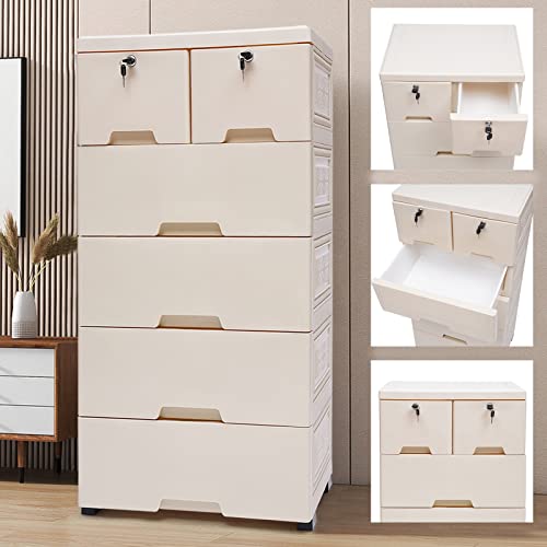 Hteedy 6 Drawer Dresser PP Cabinet Movable Storage Tall Closet Lockable Bedroom Cupboard Tower Closet Drawers Tall Dresser Organizer for Clothes Beige Color