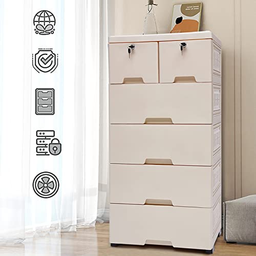 Hteedy 6 Drawer Dresser PP Cabinet Movable Storage Tall Closet Lockable Bedroom Cupboard Tower Closet Drawers Tall Dresser Organizer for Clothes Beige Color