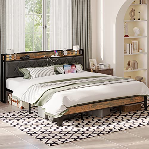 ANCTOR King Size Bed Frame, Storage Headboard with Outlets, Easy to Install, Sturdy and Stable, No Noise, No Box Springs Needed - Perfect for a Good Night's Sleep