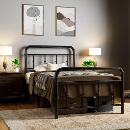 Twin Bed Frame with Victorian Style Wrought Iron-Art Headboard and Footboard, Twin Size Metal Platform Bed Frame Twin Rustic Vintage Metal Bed Frame Twin No Box Spring Needed Noise Free, Black (Twin)