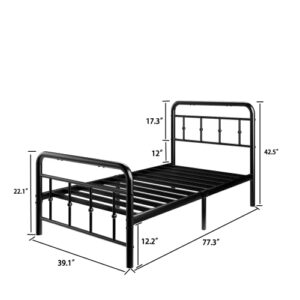 Twin Bed Frame with Victorian Style Wrought Iron-Art Headboard and Footboard, Twin Size Metal Platform Bed Frame Twin Rustic Vintage Metal Bed Frame Twin No Box Spring Needed Noise Free, Black (Twin)