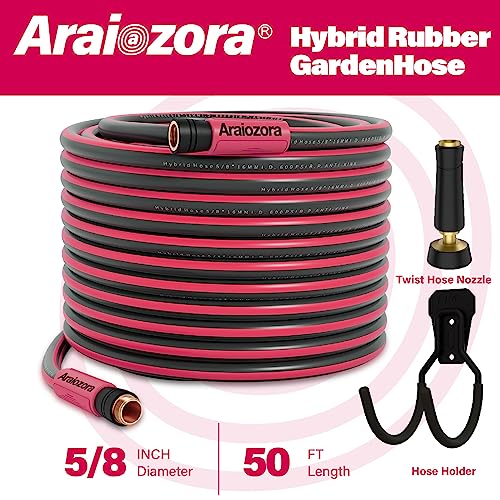 Garden Hose 50 FT,Heavy Duty Kink-resistant Hybrid 5/8 Inch Flexible Rubber Water Hose Kit With Solid Brass Twist Hose Nozzle & Hose Holder,All-weather,Lightweight,Burst 600PSI