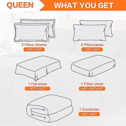 PATSBA Queen Size Comforter Set -7 Pieces All Season Bed in a Bag - Ultra Soft Down Alternative Bedding Sets with Comforter, Flat Sheet, Fitted Sheet, 2 Pillowcases & 2 Pillow Shams (Dark Gray)