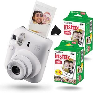 fujifilm instax mini 12 instant camera, clay white camera with 40 photo sheets, cleaning cloth, and app, portable, easy to use, automatic settings, front mirror for selfies, 2 aa batteries