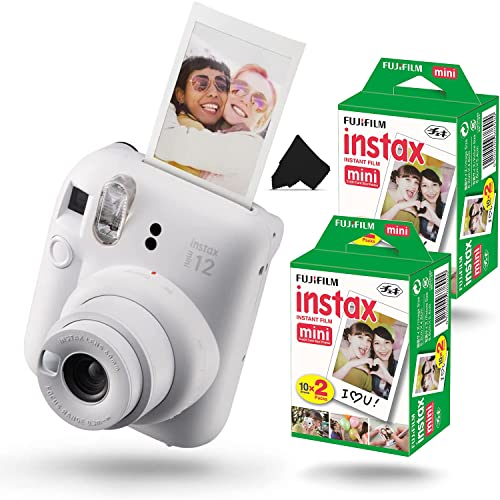 Fujifilm Instax Mini 12 Instant Camera, Clay White Camera with 40 Photo Sheets, Cleaning Cloth, and App, Portable, Easy to Use, Automatic Settings, Front Mirror for Selfies, 2 AA Batteries