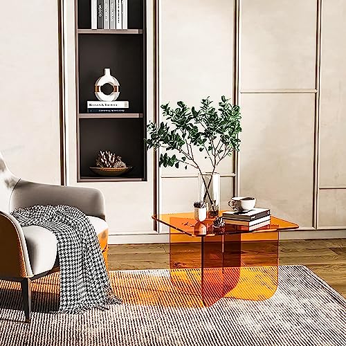 Casa Di Lumo Acrylic Coffee Table, 20" L x 20" W x 16" H, Transparent Colorful Coffee Table, Small Acrylic Clear Side Table, Modern Tempered Living Room Table Rounded Edges (Orange)