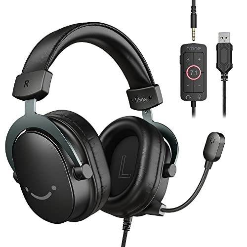 FIFINE Gaming Headset for PC, USB Headset with 7.1 Surround Sound, Detachable Microphone, Control Box, 3.5mm Headphones Jack, Gamer Over-Ear Wired Headset for PS5/PS4/Xbox/Switch, Black-AmpliGame H9