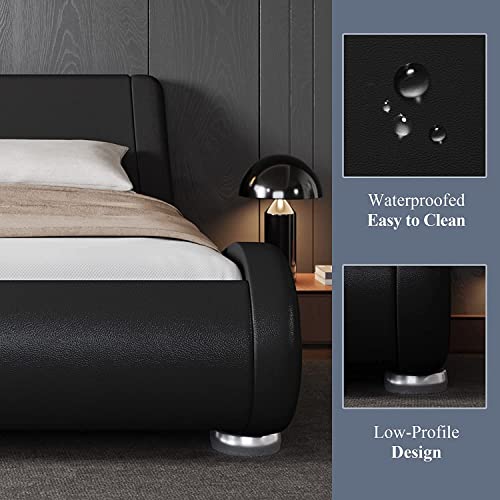 Allewie Queen Size Bed Frame with Ergonomic & Adjustable Headboard, Low Profile Modern Upholstered Platform Sleigh Design - Easy Assembly, No Box Spring Required, Black