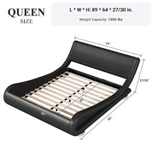 Allewie Queen Size Bed Frame with Ergonomic & Adjustable Headboard, Low Profile Modern Upholstered Platform Sleigh Design - Easy Assembly, No Box Spring Required, Black