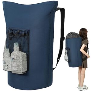 WOWLIVE Laundry Bag Backpack,115L Extra Large Travel Laundry Hamper Bag with Mesh Pocket & Adjustable Shoulder Straps Laundry basket bag with Drawstring for College Dorm,Laundromat,Apartment,Students (Dark Blue)