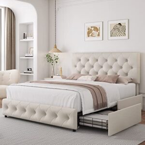 queen bed frame with 4 storage drawers and adjustable headboard, upholstered platform bed with button tufted design, strong wooden slats support, no box spring needed, fabric, cream