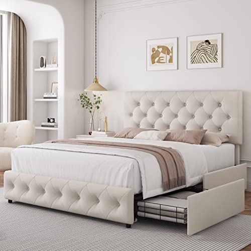 Queen Bed Frame with 4 Storage Drawers and Adjustable Headboard, Upholstered Platform Bed with Button Tufted Design, Strong Wooden Slats Support, No Box Spring Needed, Fabric, Cream