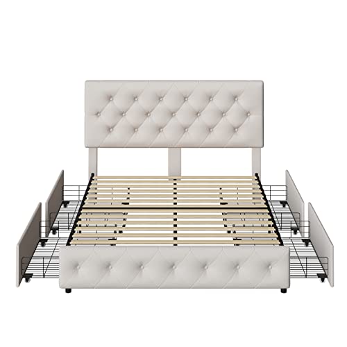 Queen Bed Frame with 4 Storage Drawers and Adjustable Headboard, Upholstered Platform Bed with Button Tufted Design, Strong Wooden Slats Support, No Box Spring Needed, Fabric, Cream