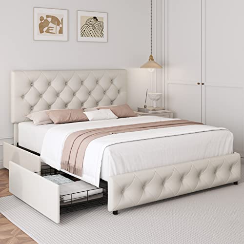 Queen Bed Frame with 4 Storage Drawers and Adjustable Headboard, Upholstered Platform Bed with Button Tufted Design, Strong Wooden Slats Support, No Box Spring Needed, Fabric, Cream