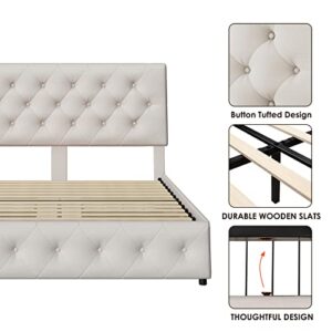 Queen Bed Frame with 4 Storage Drawers and Adjustable Headboard, Upholstered Platform Bed with Button Tufted Design, Strong Wooden Slats Support, No Box Spring Needed, Fabric, Cream