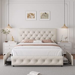 Queen Bed Frame with 4 Storage Drawers and Adjustable Headboard, Upholstered Platform Bed with Button Tufted Design, Strong Wooden Slats Support, No Box Spring Needed, Fabric, Cream