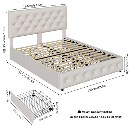 Queen Bed Frame with 4 Storage Drawers and Adjustable Headboard, Upholstered Platform Bed with Button Tufted Design, Strong Wooden Slats Support, No Box Spring Needed, Fabric, Cream