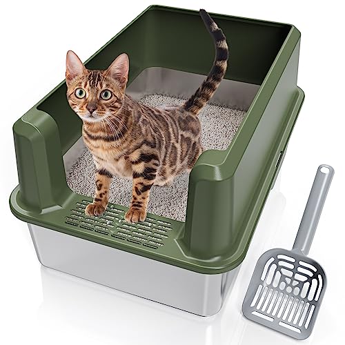 Stainless Steel High Side Cat Litter Box, Enclosed Large Litter Box for XL Big Cats, Easy Clean Metal Kitty Litterbox with Scoop