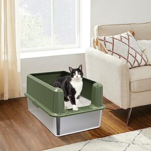 Stainless Steel High Side Cat Litter Box, Enclosed Large Litter Box for XL Big Cats, Easy Clean Metal Kitty Litterbox with Scoop