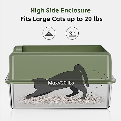 Stainless Steel High Side Cat Litter Box, Enclosed Large Litter Box for XL Big Cats, Easy Clean Metal Kitty Litterbox with Scoop