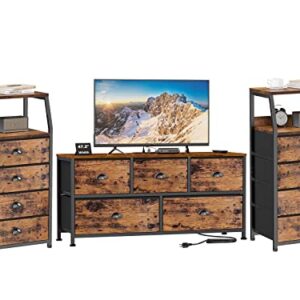 Furnulem 47.2'' Dresser TV Stand with Power Outlet, and 2pcs Tall 4 Drawers Dresser, Vertical Storage Tower for Storage in Bedroom,Living Room,Entryway,Guest Room (Rustic Brown)