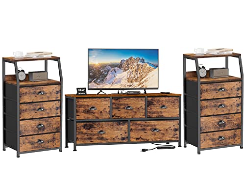 Furnulem 47.2'' Dresser TV Stand with Power Outlet, and 2pcs Tall 4 Drawers Dresser, Vertical Storage Tower for Storage in Bedroom,Living Room,Entryway,Guest Room (Rustic Brown)