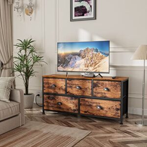 Furnulem 47.2'' Dresser TV Stand with Power Outlet, and 2pcs Tall 4 Drawers Dresser, Vertical Storage Tower for Storage in Bedroom,Living Room,Entryway,Guest Room (Rustic Brown)