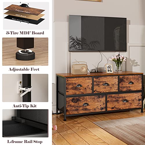 Furnulem 47.2'' Dresser TV Stand with Power Outlet, and 2pcs Tall 4 Drawers Dresser, Vertical Storage Tower for Storage in Bedroom,Living Room,Entryway,Guest Room (Rustic Brown)