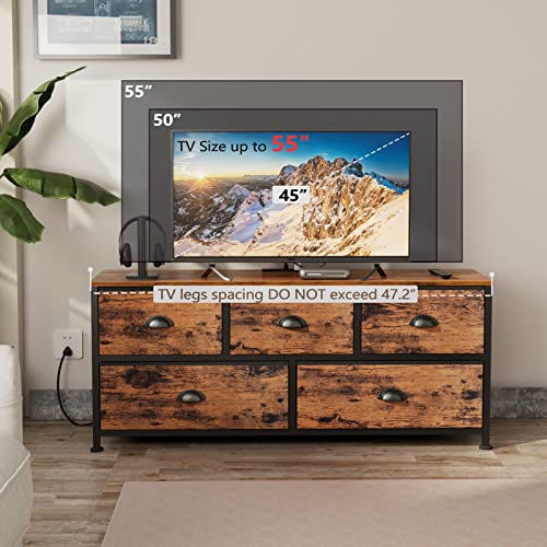 Furnulem 47.2'' Dresser TV Stand with Power Outlet, and 2pcs Tall 4 Drawers Dresser, Vertical Storage Tower for Storage in Bedroom,Living Room,Entryway,Guest Room (Rustic Brown)