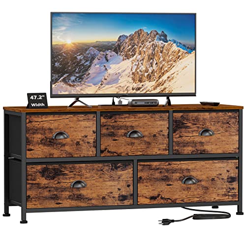 Furnulem 47.2'' Dresser TV Stand with Power Outlet, and 2pcs Tall 4 Drawers Dresser, Vertical Storage Tower for Storage in Bedroom,Living Room,Entryway,Guest Room (Rustic Brown)