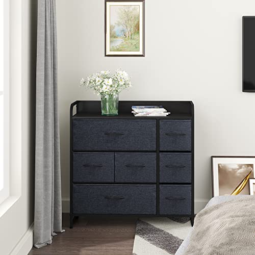 ZSEDP Dresser with 7 Drawers Chest of Drawers 3-Tier Organizer Unit with Steel Frame Wood Top Easy Pull Fabric Bins Storage Dresser