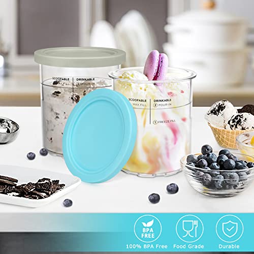 VanlonPro Containers 2 Pack, Ice Cream Pints Replacement for NC500 Series Ninja Creami Deluxe Ice Cream Makers, Reusable, BPA-Free & Dishwasher Safe, Airtight & Leaf-Proof, Gray & Blue Lids